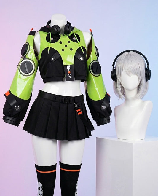 Mannequin wearing a futuristic green and black outfit with headphones on a light purple background