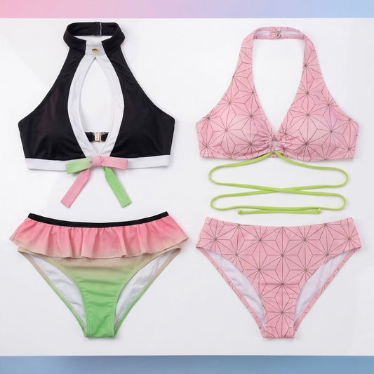 Black and pink bikini set with geometric pattern on a white background