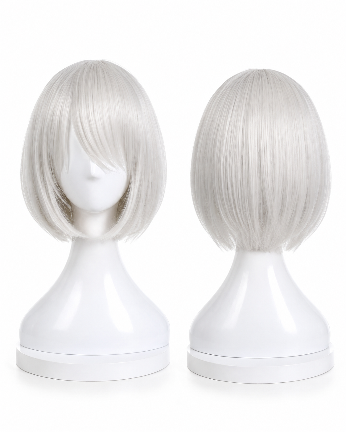 Short silver bob wig shown front and back for Anime NieR: Automata DOLL2B Cosplay Costume