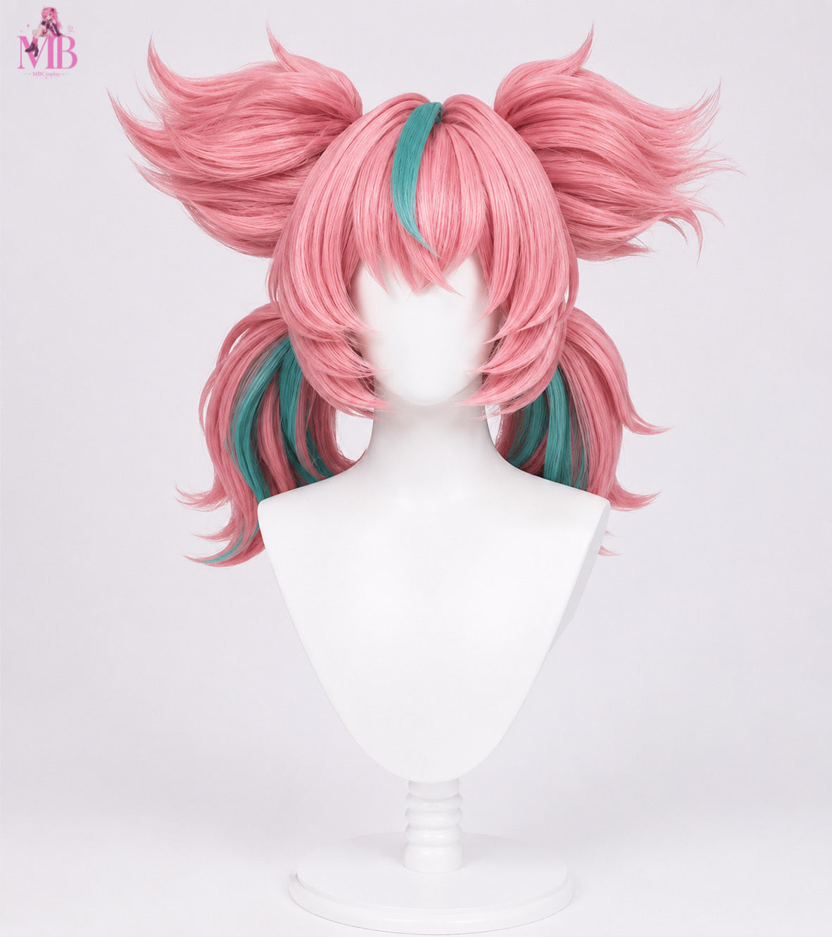 Aria Zenless Zone Zero 52cm pink and green pre-styled cosplay wig front view displayed on a premium white mannequin bust with realistic studio lighting and white background.
