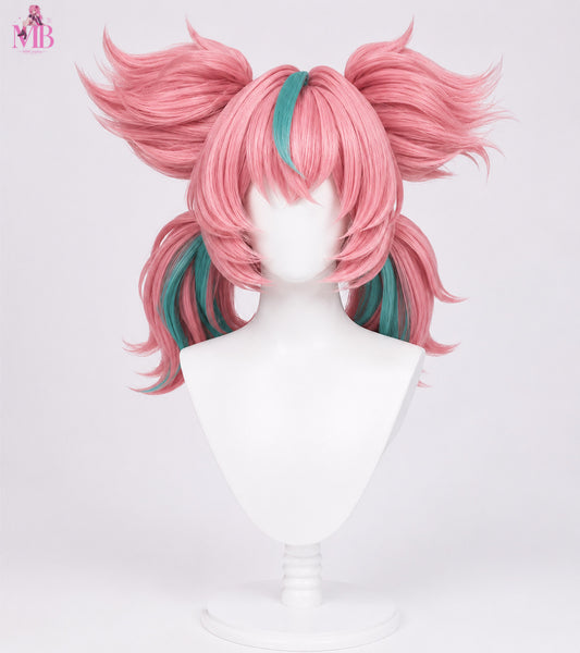 Aria Zenless Zone Zero 52cm pink and green pre-styled cosplay wig front view displayed on a premium white mannequin bust with realistic studio lighting and white background.