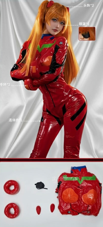 Full product showcase of a red latex Evangelion cosplay suit including accessories like wrist cuffs, hair clips, and eye patch
