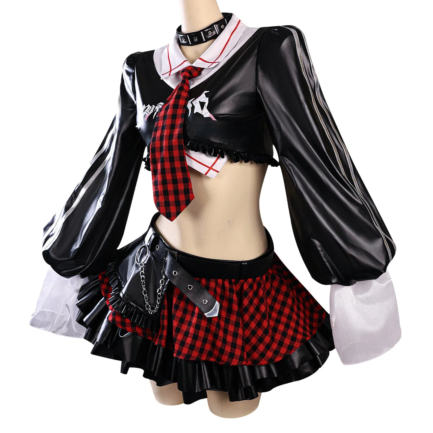 Full set Asuka Langley Soryu punk style cosplay costume including long ginger wig, black leather-look top, and red plaid skirt with eye patch props.
