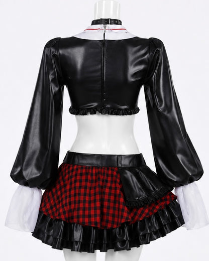 Asuka Shikinami Langley Evangelion Punk Cosplay Costume Full Set black cropped top and plaid skirt back view