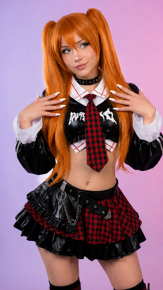 Asuka Shikinami Langley Evangelion punk style cosplay costume full set with orange twin tail wig and red plaid skirt