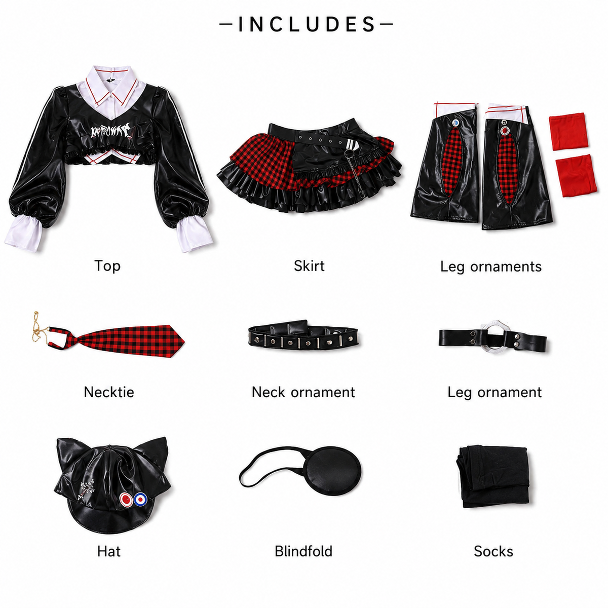 Asuka Shikinami Langley Evangelion Punk Cosplay Costume Full Set punk costume pieces and accessories included-set layout