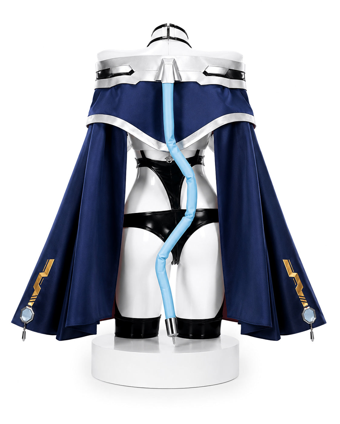 Azur Lane Cowpens cosplay costume back view with navy cape, blue tail, black bodysuit details and silver trim