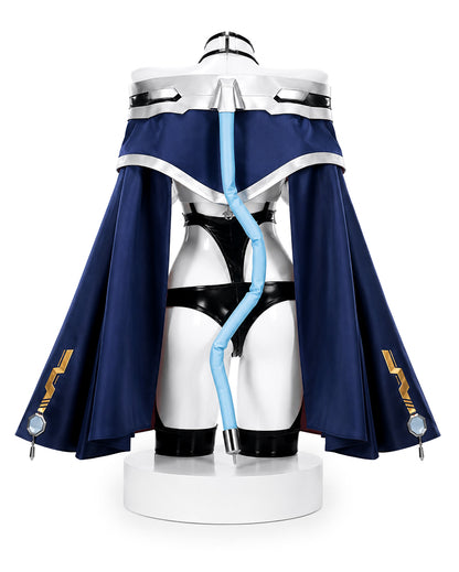 Azur Lane Cowpens cosplay costume back view with navy cape, blue tail, black bodysuit details and silver trim