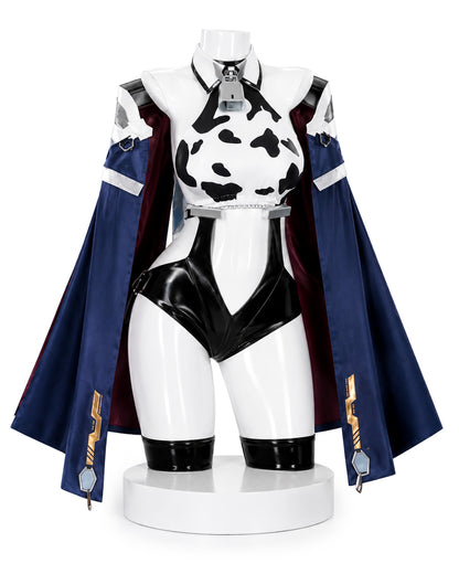 Azur Lane Cowpens cosplay costume front view with navy blue cape, cow print bodysuit, black bottoms and silver accessories