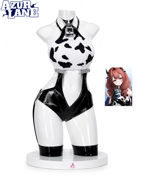 Azur Lane Cowpens cosplay costume front view with cow print top, black bottoms, silver details and accessories