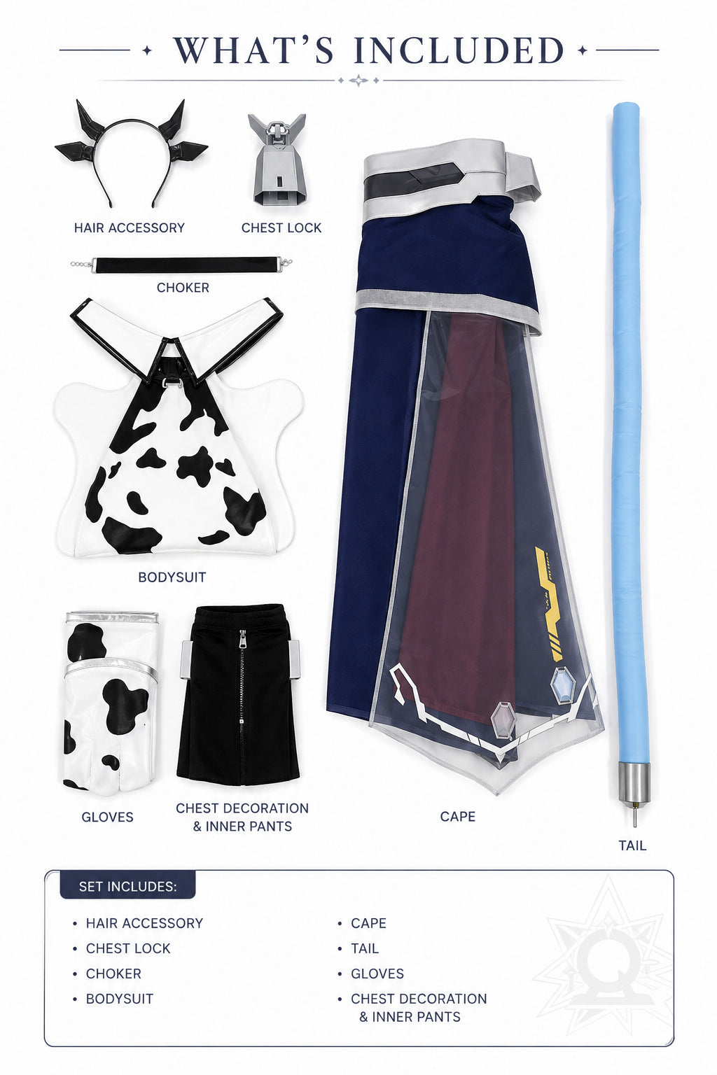 Azur Lane Cowpens cosplay costume set including bodysuit, cape, tail, gloves, choker, hair accessory and chest accessories