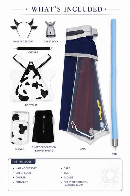 Azur Lane Cowpens cosplay costume set including bodysuit, cape, tail, gloves, choker, hair accessory and chest accessories