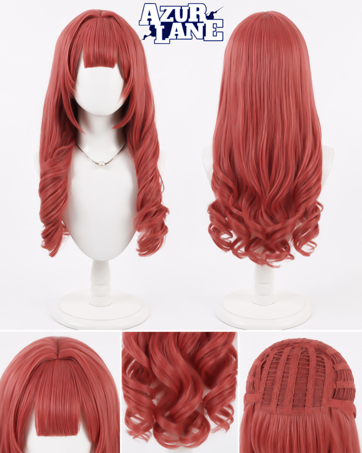 Azur Lane Cowpens cosplay wig in coral red with straight bangs, long curls and front and back views
