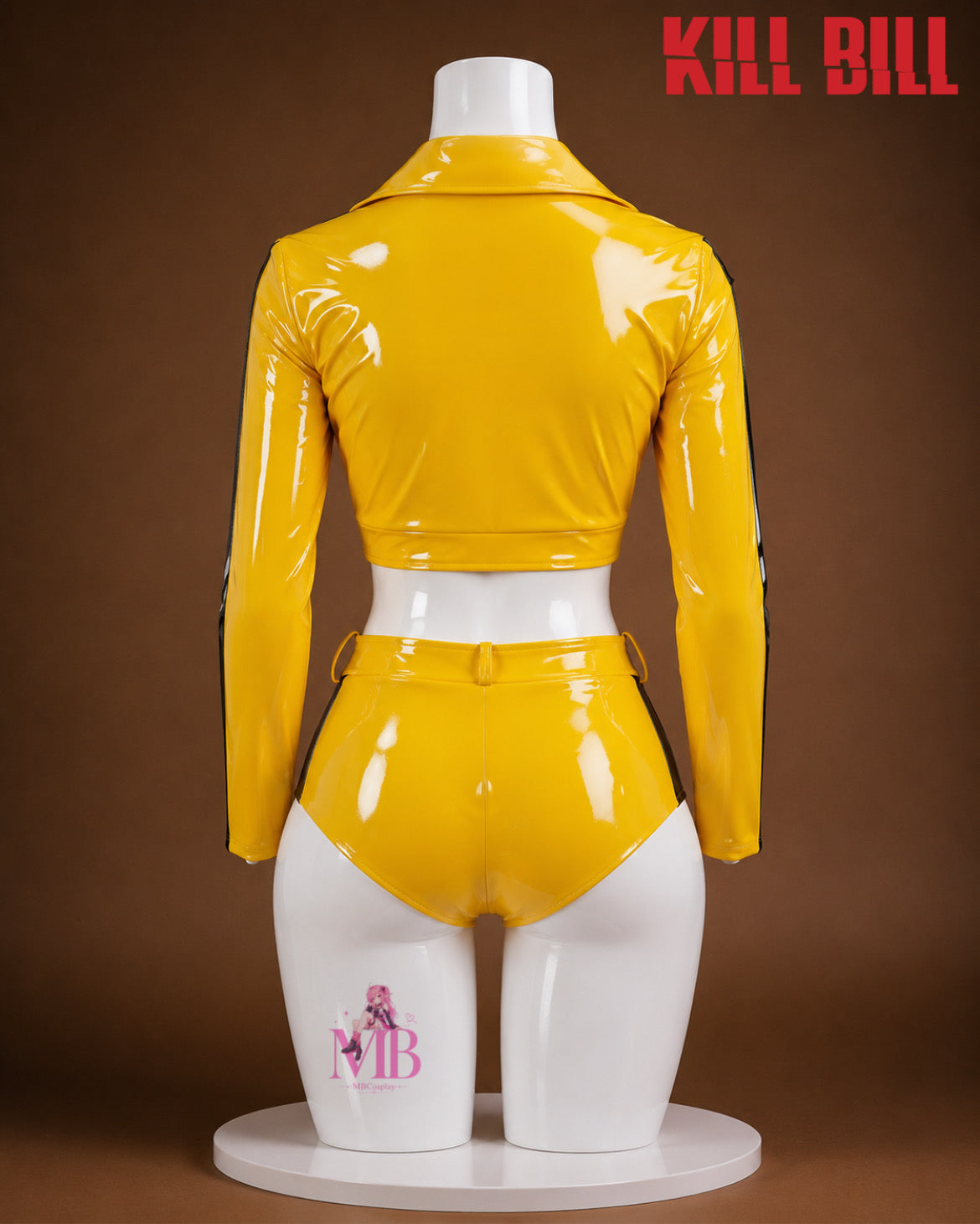 Back view of Beatrix Kiddo Kill Bill cosplay costume with yellow cropped jacket and matching high-waisted shorts.