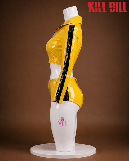 Beatrix Kiddo Kill Bill yellow and black cosplay costume side view with cropped jacket and high-waisted shorts.