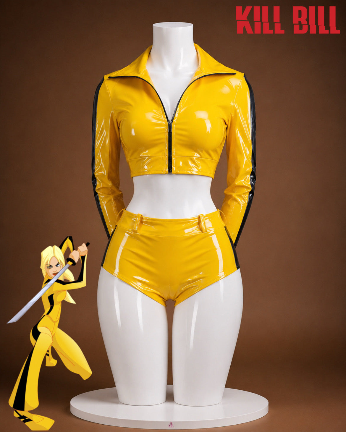 Beatrix Kiddo Kill Bill yellow cosplay costume with black stripe details, cropped jacket and matching shorts.
