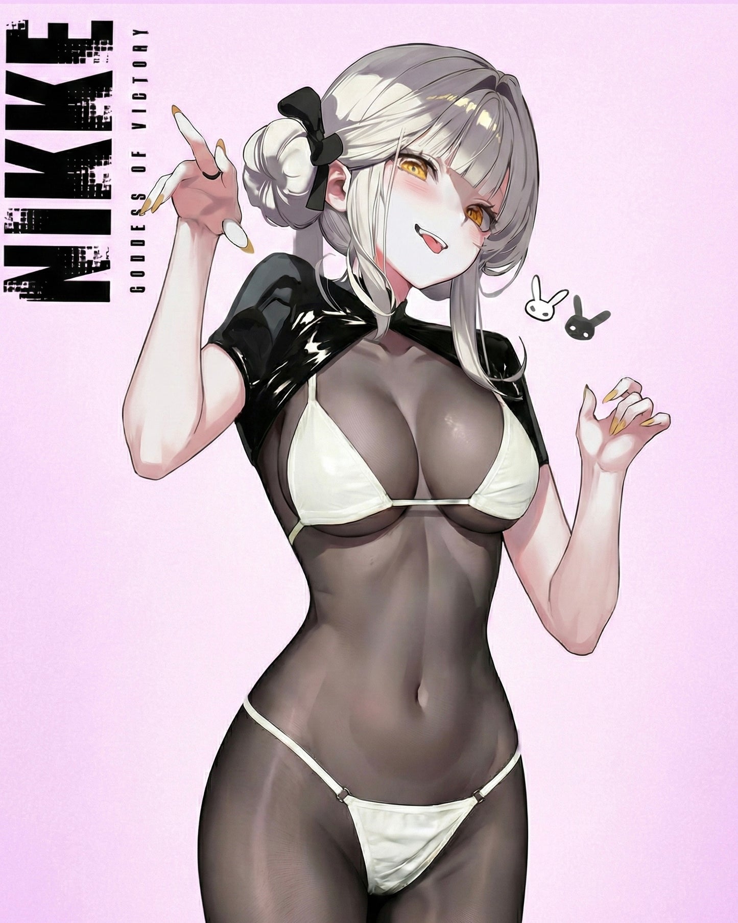 Animated character in a black and white outfit with 'Nikke' branding on a pink background