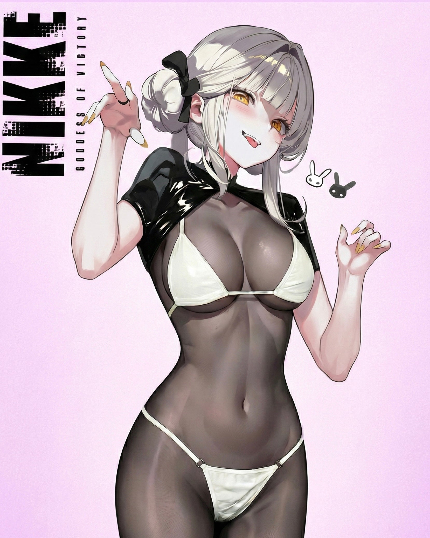Animated character in a black and white outfit with 'Nikke' branding on a pink background