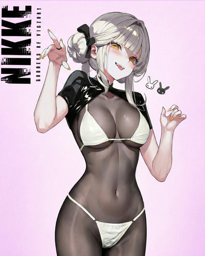 Animated character in a black and white outfit with 'Nikke' branding on a pink background