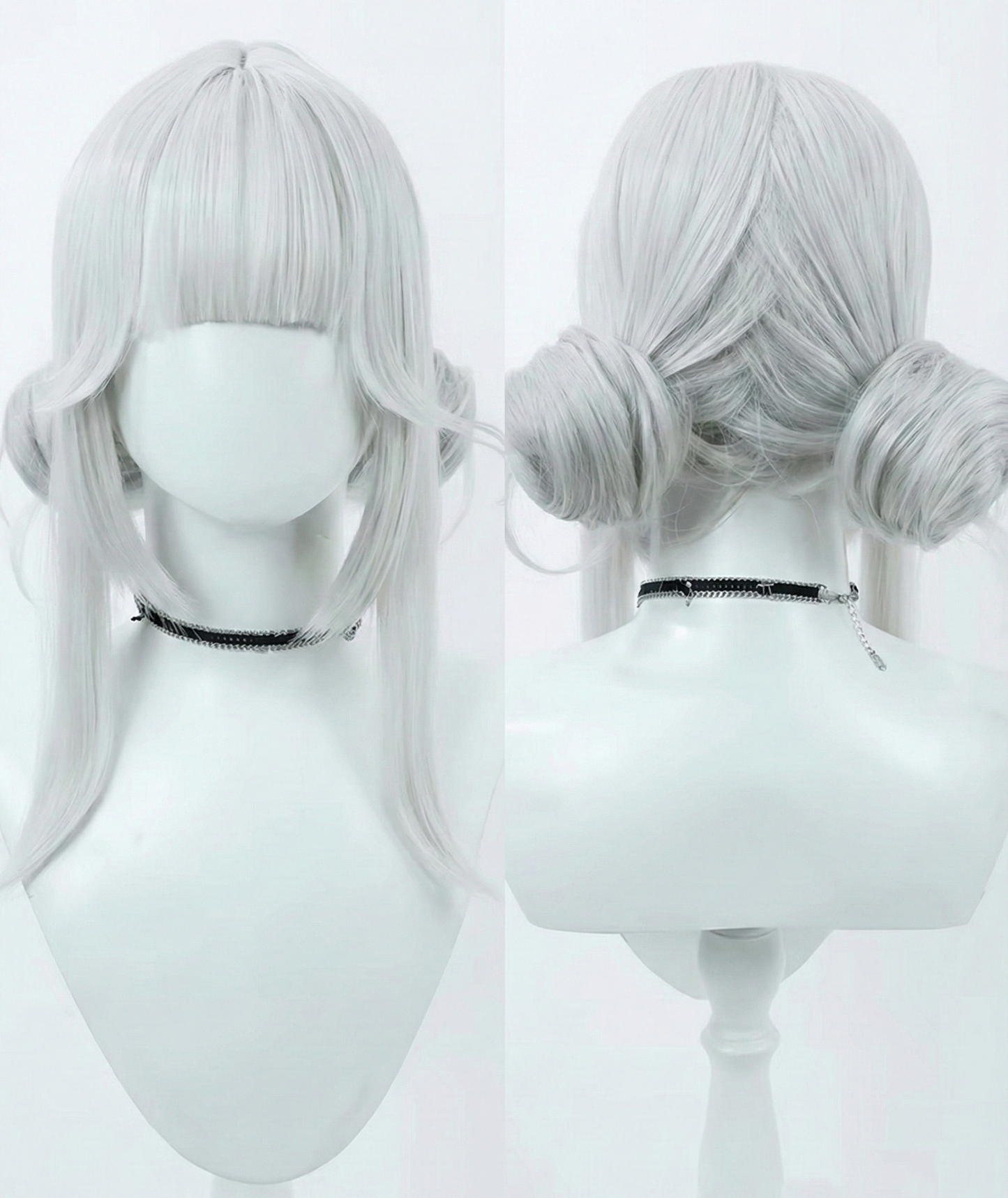 Silver wig on a mannequin head with a bun, shown from front and back views.