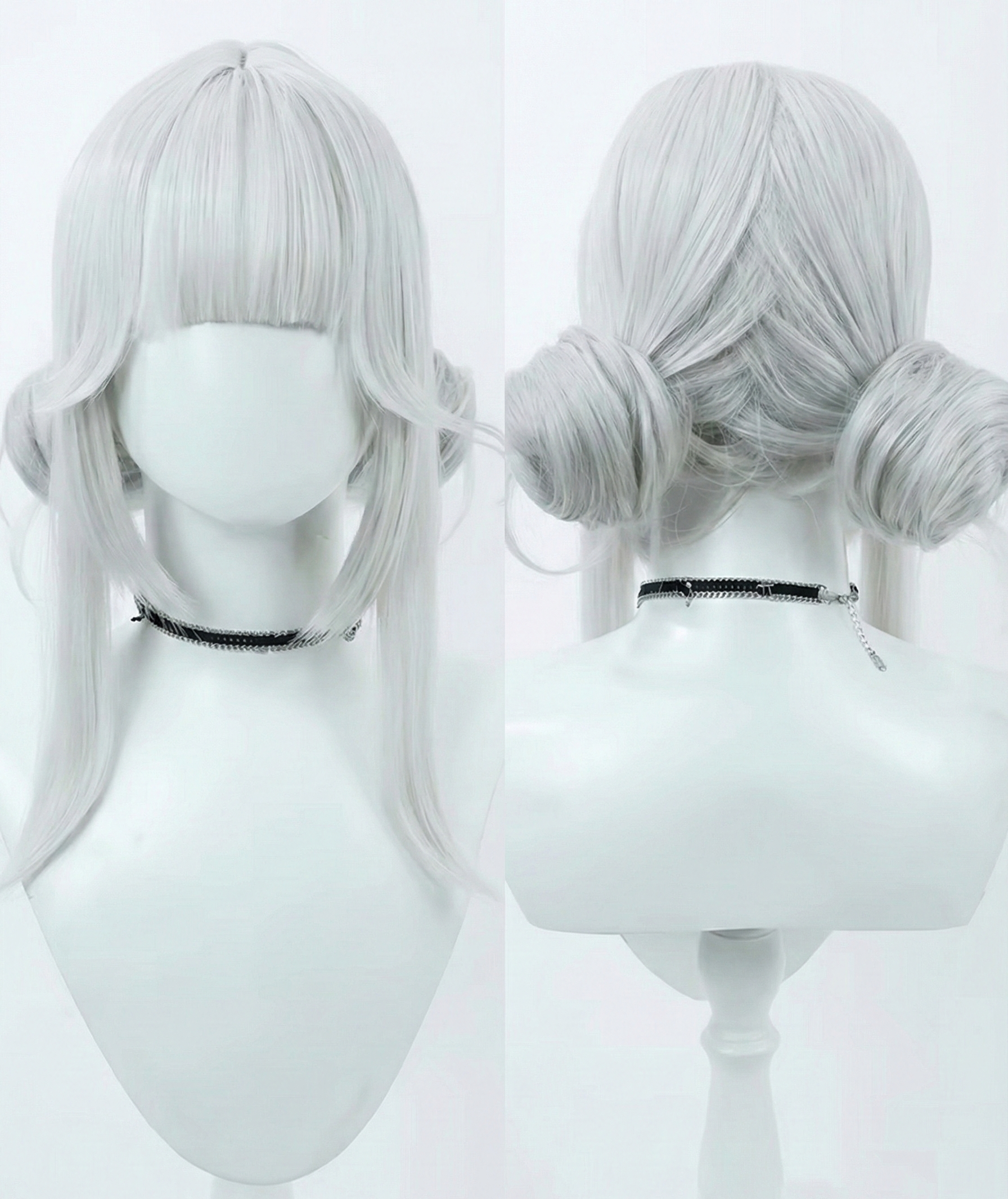 Silver wig on a mannequin head with a bun, shown from front and back views.