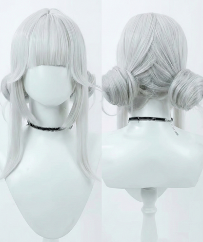 Silver wig on a mannequin head with a bun, shown from front and back views.