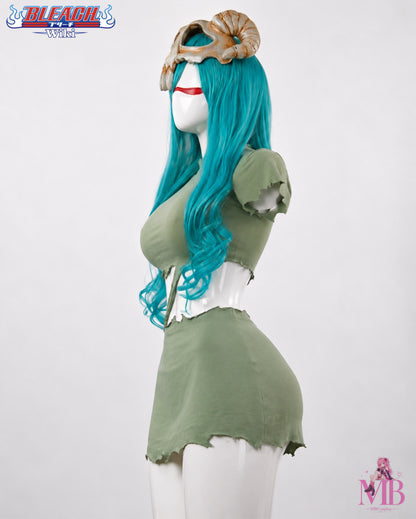 BLEACH Neliel Inspired - Cosplay Costume Wig & Helmet Neliel cosplay side view showing turquoise wig and horned helmet