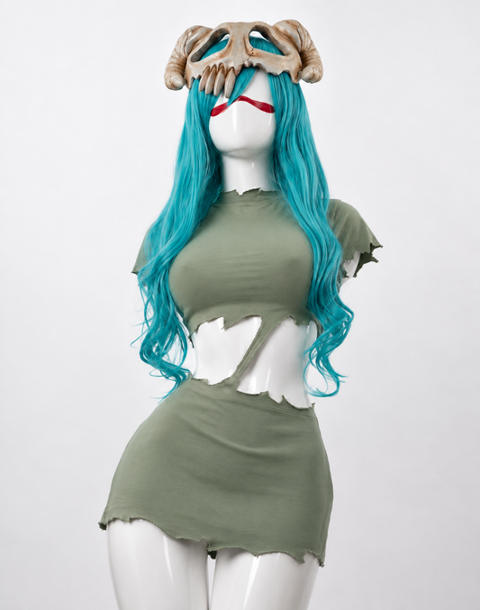 Neliel costume and wig front view without logo for BLEACH Neliel Inspired - Cosplay Costume Wig & Helmet