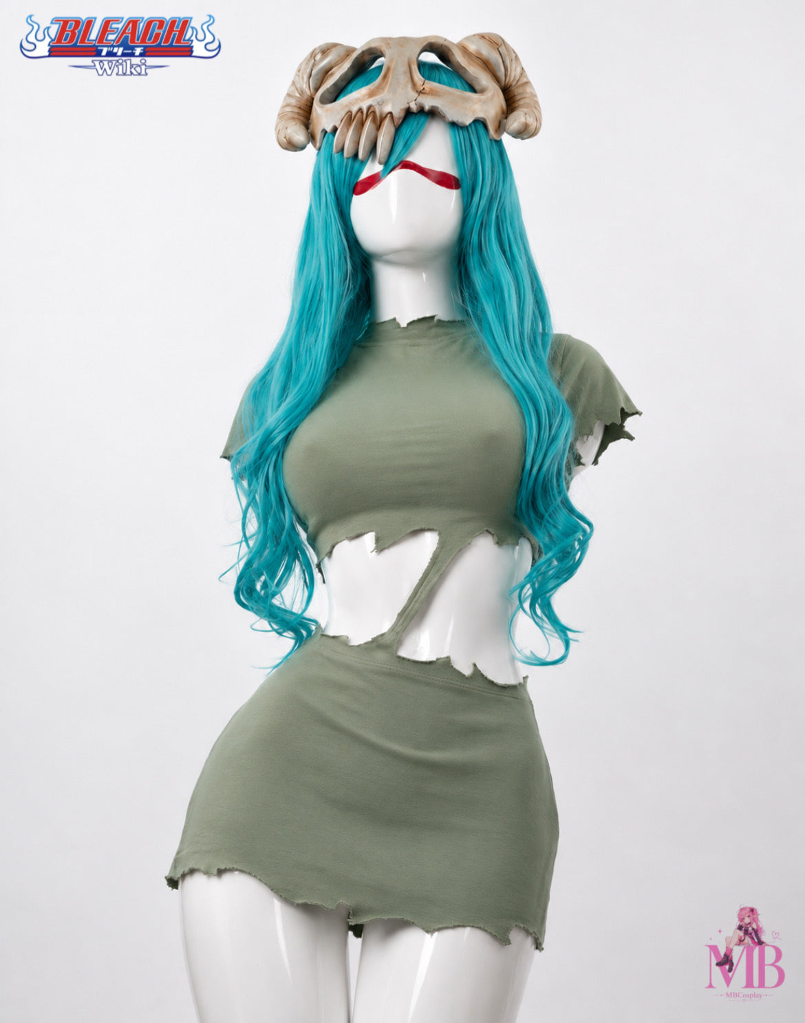 BLEACH Neliel Inspired - Cosplay Costume Wig & Helmet Neliel green distressed dress turquoise wig and horned helmet front view