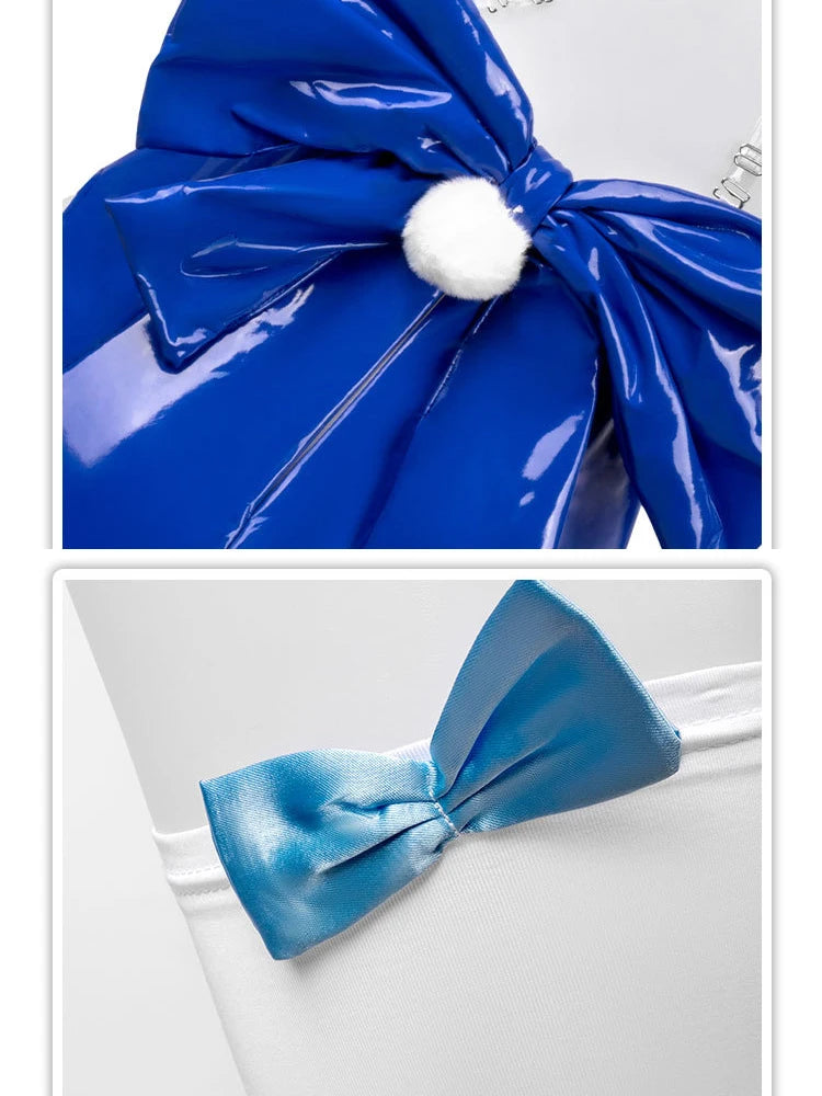 Blue bow with a white pom-pom on a white background