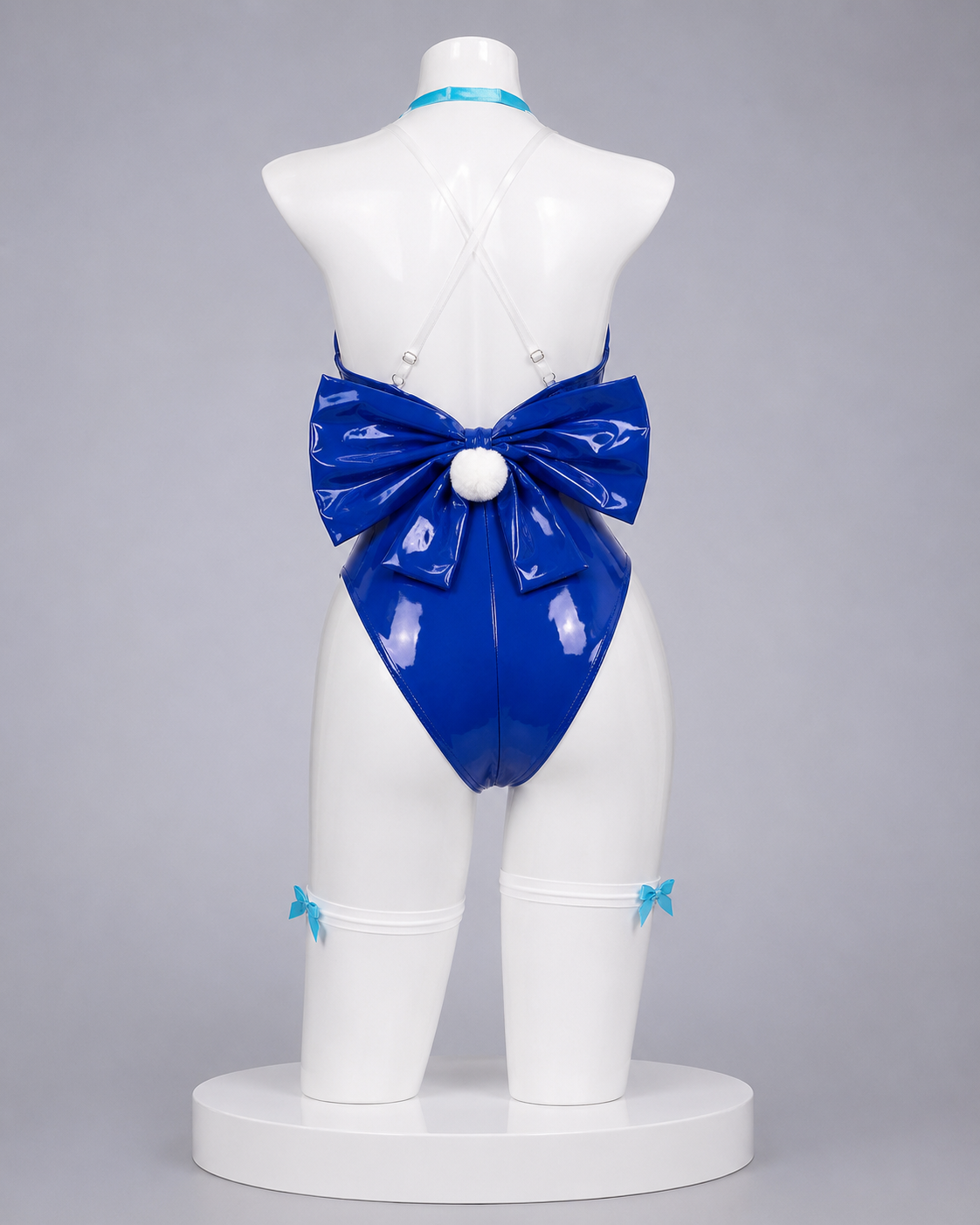 Blue bunny bodysuit back view with large bow for Blue Archive Asuma Toki Bunny Girl Cosplay Costume & Wig