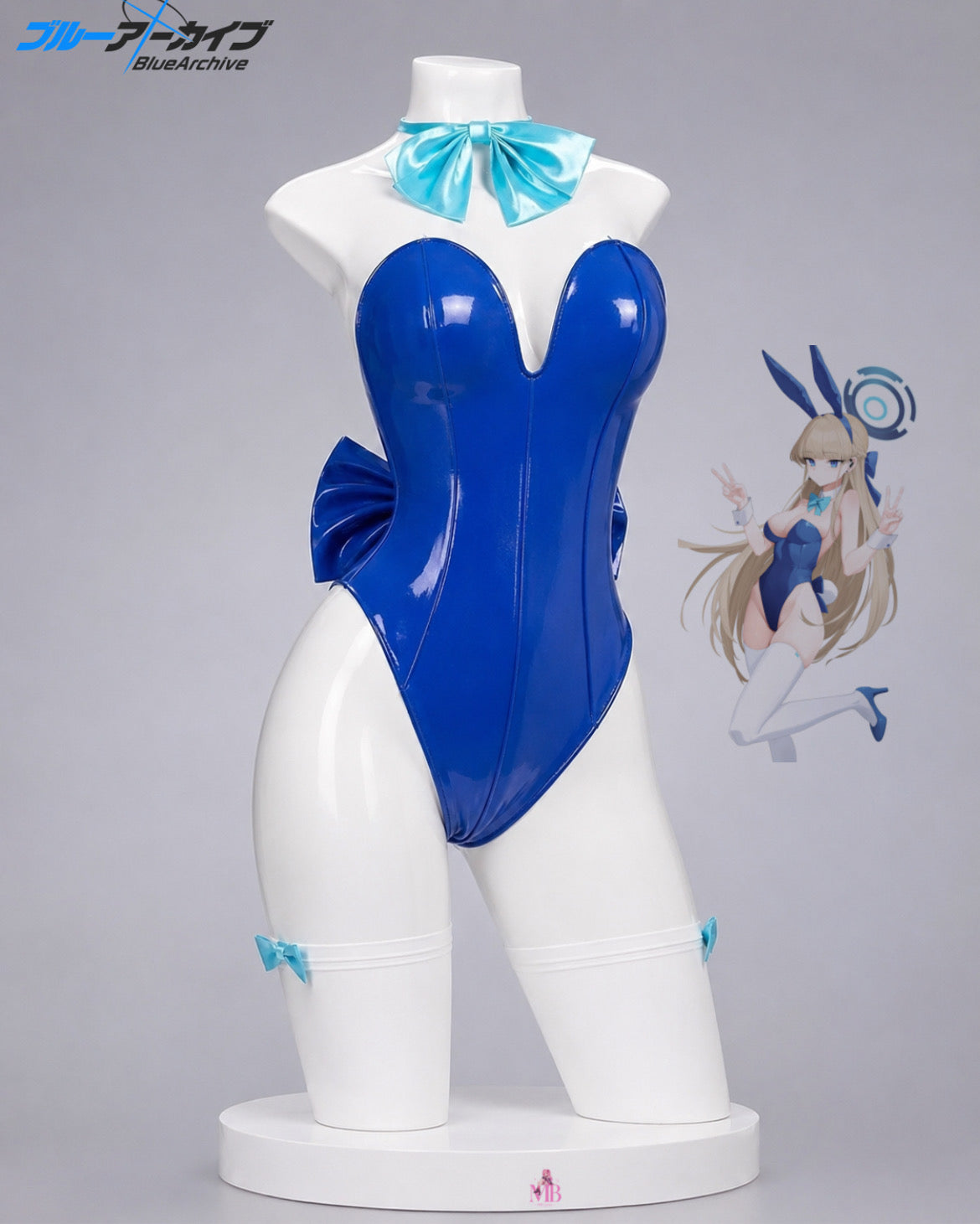 Blue glossy bunny bodysuit front view for Blue Archive Asuma Toki Bunny Girl Cosplay Costume & Wig