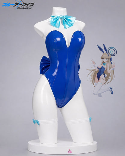 Blue glossy bunny bodysuit front view for Blue Archive Asuma Toki Bunny Girl Cosplay Costume & Wig