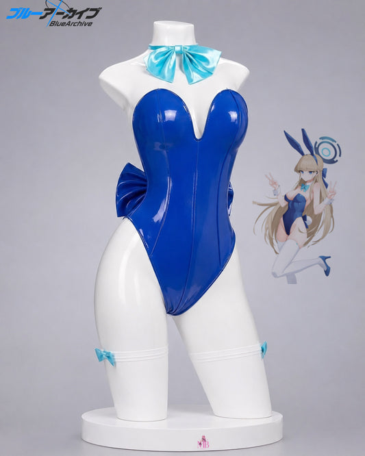 Blue glossy bunny bodysuit front view for Blue Archive Asuma Toki Bunny Girl Cosplay Costume & Wig
