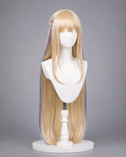Blue Archive Asuma Toki Bunny Girl Cosplay Costume & Wig long blonde wig with blue hair ribbon shown front and back