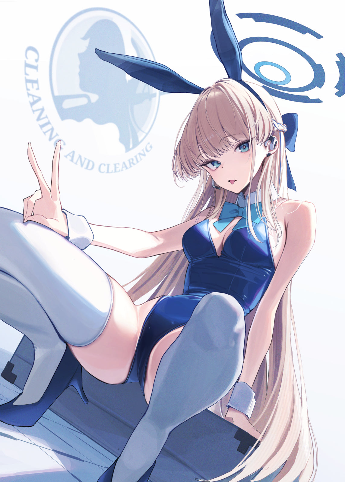 Anime character with long blonde hair and blue outfit sitting on a chair, with 'Cleaning and Clearing' logo in the corner.