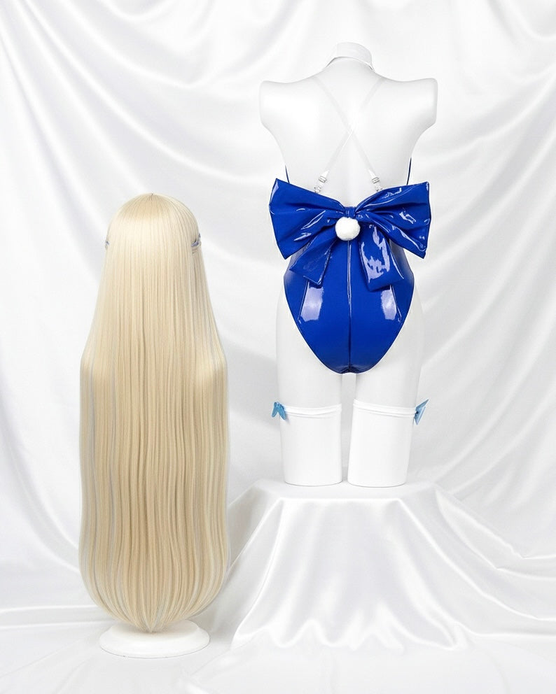 Blonde wig and blue swimsuit with large bow on a white background