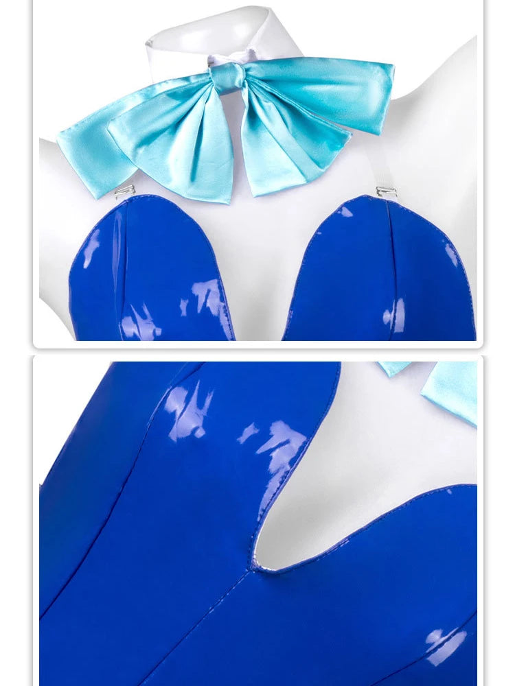 Blue and white bikini set with a large bow on a white background