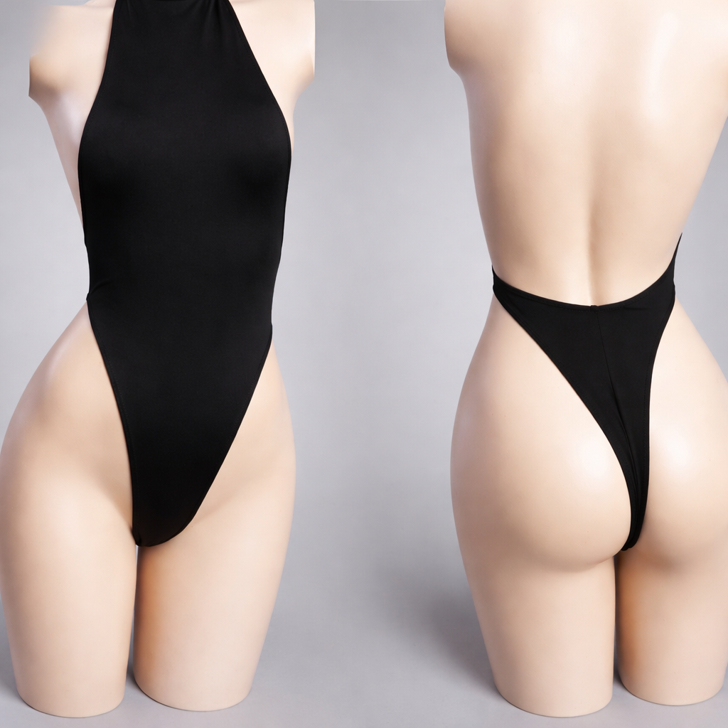 Blue Archive Shimiko cosplay bodysuit front and back view showing black cutout leotard with blue sailor collar and green bow