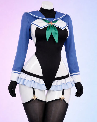 Blue Archive Shimiko cosplay costume bodysuit front view displayed on mannequin with sailor collar green bow and garter stockings