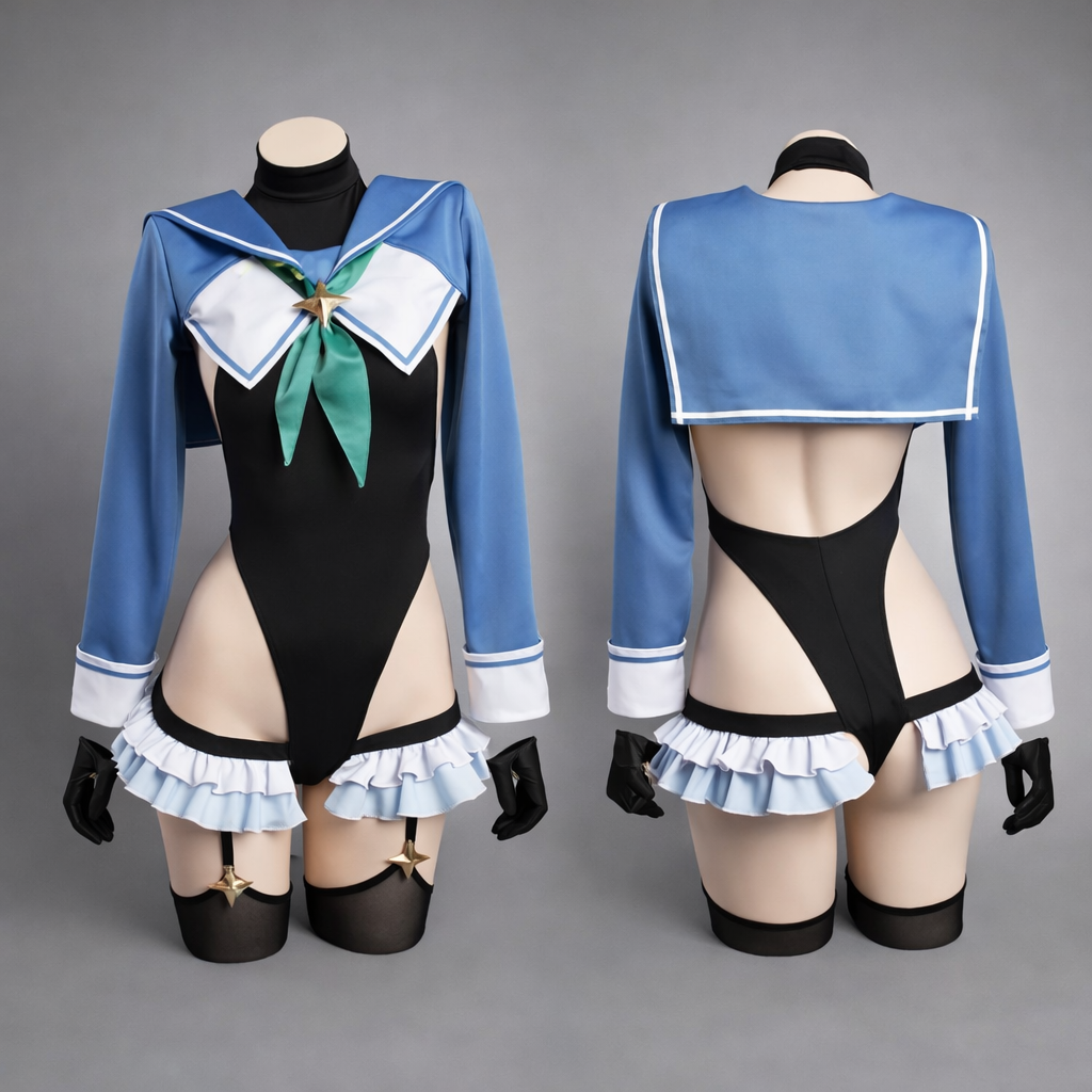 Blue Archive Shimiko cosplay costume mannequin display showing front and back of bodysuit with garter stockings and sailor collar