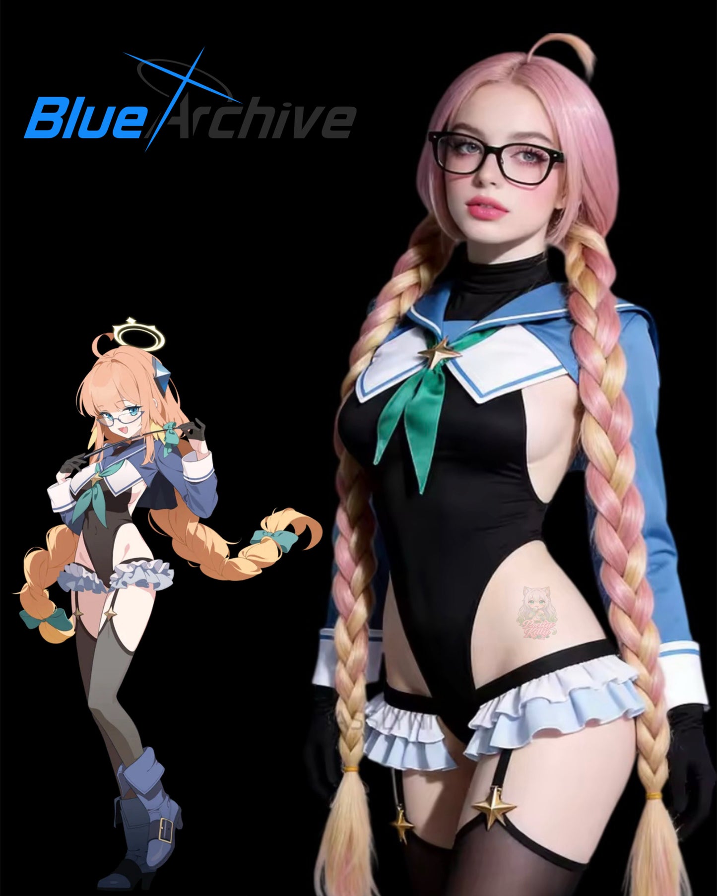 Blue Archive Shimiko cosplay costume worn by model with braided wig and glasses next to original anime character reference