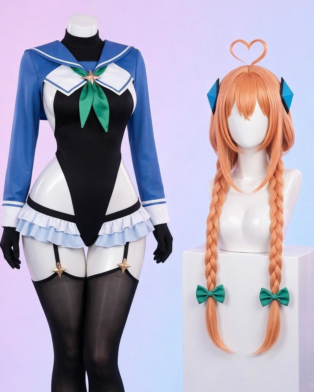 Shimiko Blue Archive cosplay costume and wig set displayed together including braided wig and sailor style bodysuit MBCosplay 