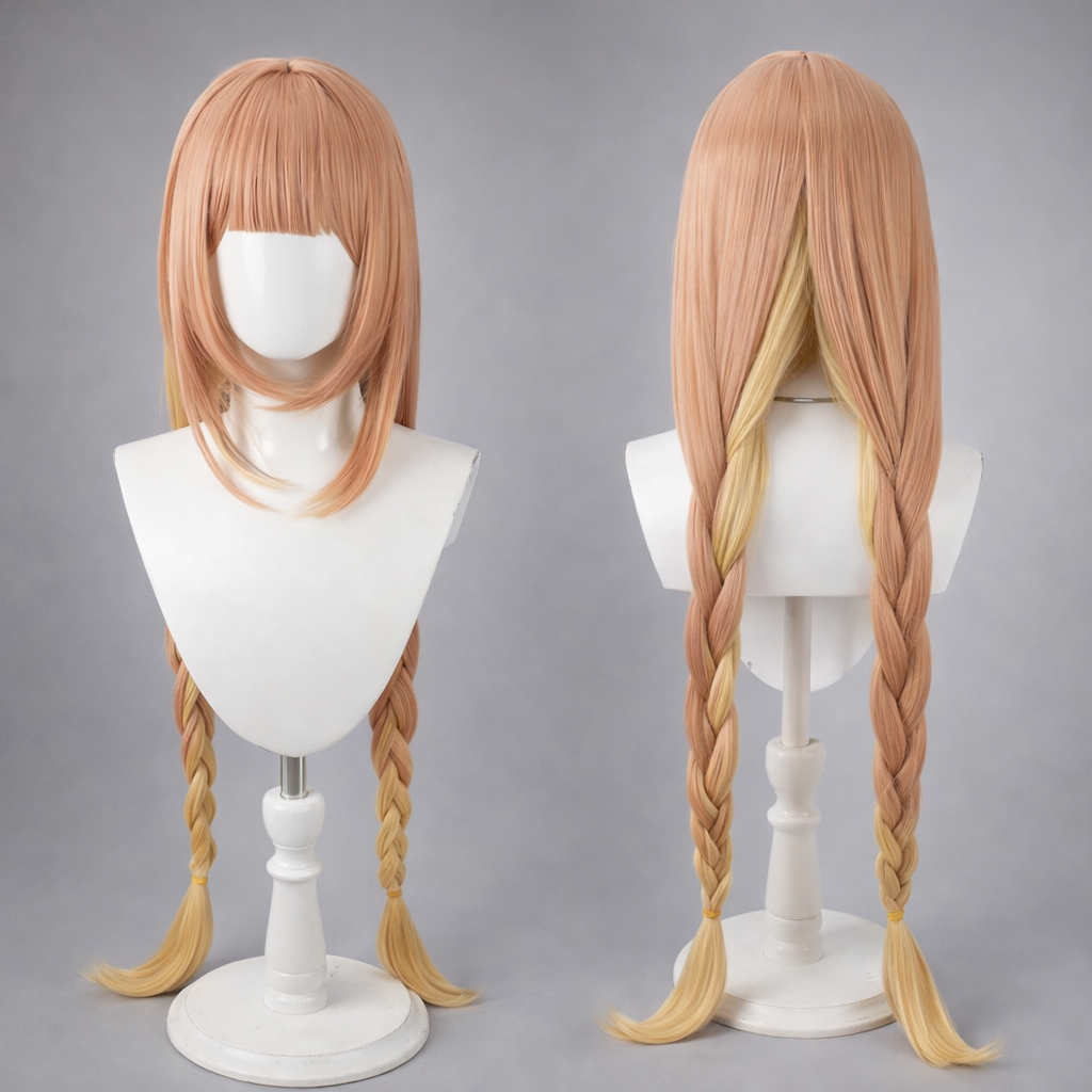 Shimiko cosplay wig long orange braided anime wig with bangs front and back view for Blue Archive cosplay
