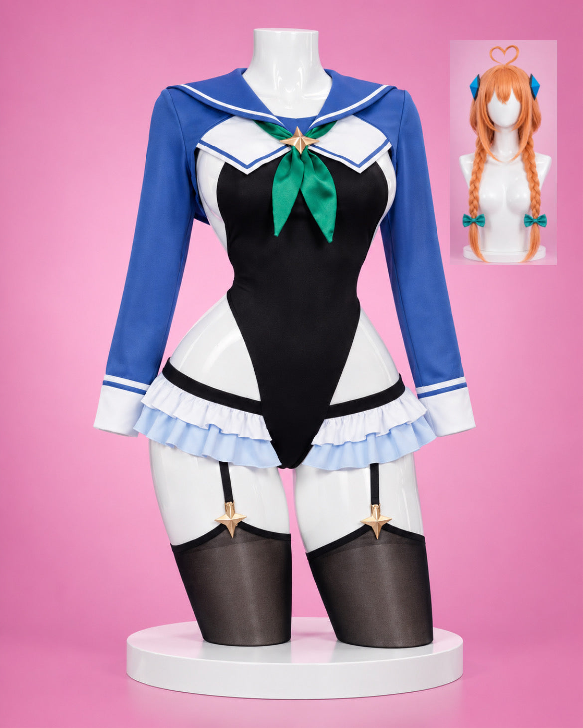 Blue Archive Shimiko Endō Cosplay Costume & Wig showing Shimiko Endo costume and wig set