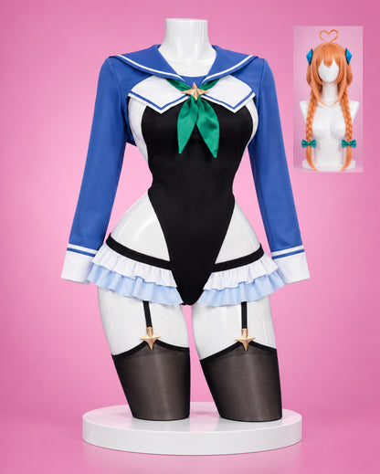 Blue Archive Shimiko Endō Cosplay Costume & Wig showing Shimiko Endo costume and wig set