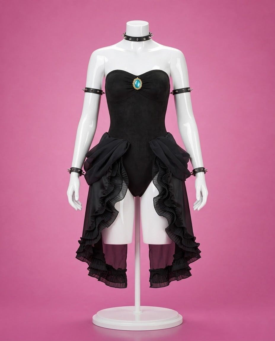 Bowsette Cosplay Costume – Koopa Queen Outfit with Crown & Accessories black Koopa Queen dress with high-low ruffled skirt and crown