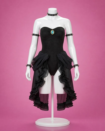 Bowsette Cosplay Costume – Koopa Queen Outfit with Crown & Accessories black Koopa Queen dress with high-low ruffled skirt and crown
