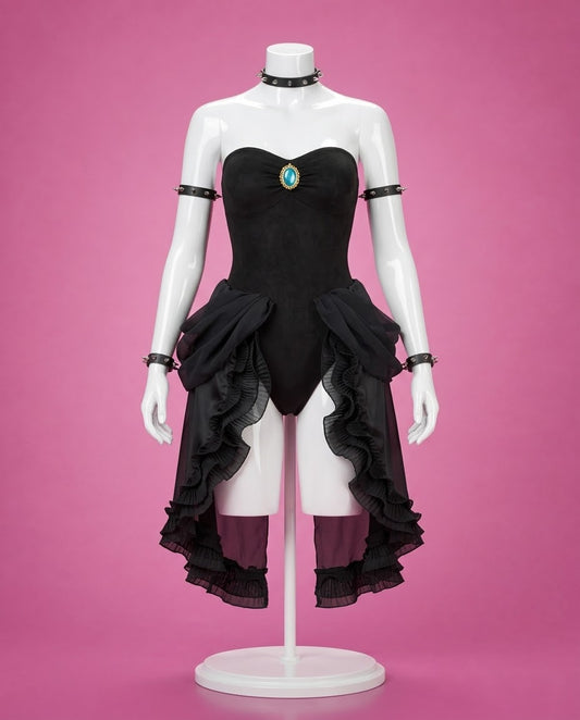 Bowsette Cosplay Costume – Koopa Queen Outfit with Crown & Accessories black Koopa Queen dress with high-low ruffled skirt and crown