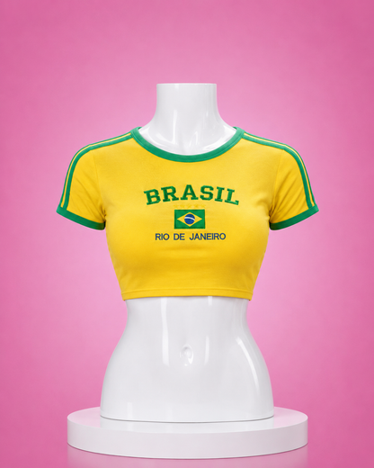 Yellow Brazil Rio de Janeiro crop top inspired by the viral Brazilian Miku cosplay trend, perfect for Hatsune Miku cosplay and anime conventions.